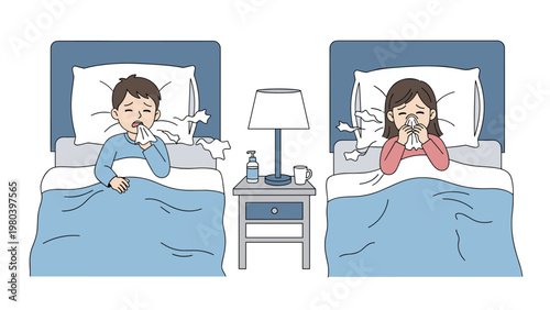 Sick boy and girl resting in their separate beds with tissues, medicine, and water while suffering from a cold or flu at night.