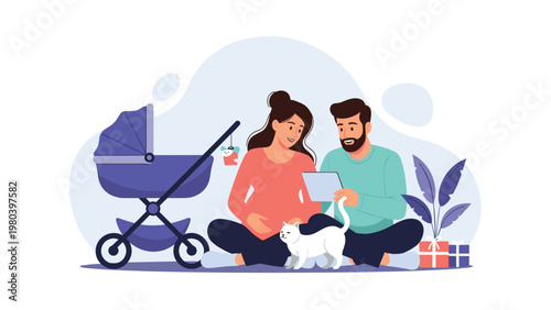 Happy pregnant couple sitting on the floor with their cat and looking at a tablet while planning for their new baby and stroller.