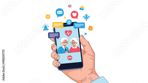 Hand holding a smartphone displaying a video call with elderly grandparents and various colorful social media and health icons.