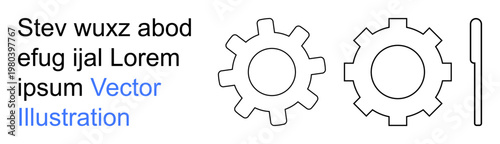 Engineering, machinery, industry, gear system, technical design, minimalistic schematics. Two cogwheels with a linear rod in schematic outline style. Engineering and machinery concepts illustrated