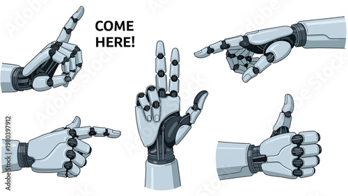 Set of futuristic white robot hand gestures including pointing, peace sign, thumbs up, and calling motion with visible mechanical joints.