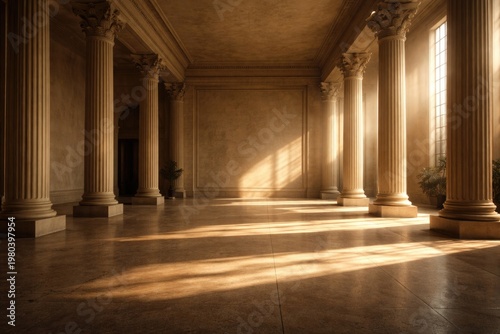 Spacious interior featuring tall pillars and sunlight casting dramatic shadows with copy space for text