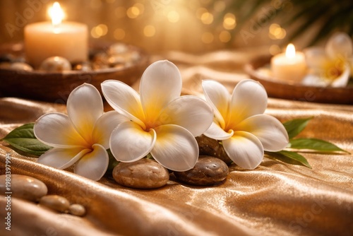 Frangipani Flowers on Shimmering Golden Fabric in Serene Spa Setting