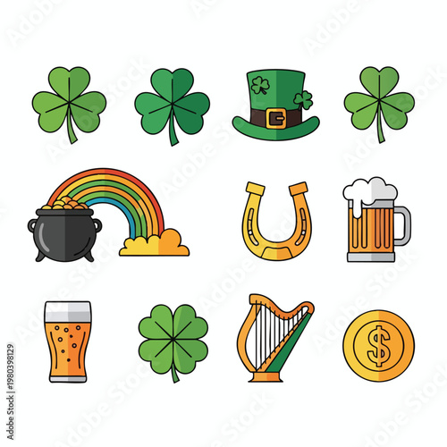 Collection of Irish-themed icons shamrocks, hat, rainbow, pot of gold, horseshoe, beer, harp, coin