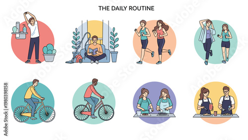 Infographic showing various healthy daily routine activities including exercise, cleaning, reading, cycling, cooking, and social work.