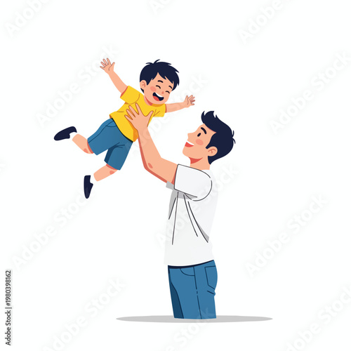 Father happily tosses his delighted son into the air against a white background