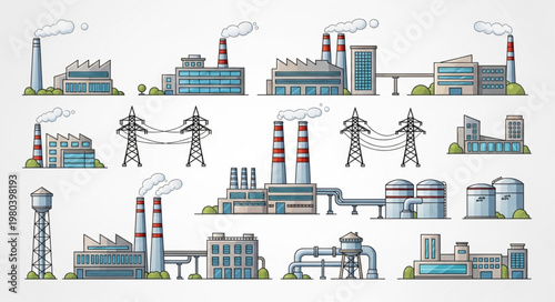 Collection of Industrial Factory Buildings and Power Lines.