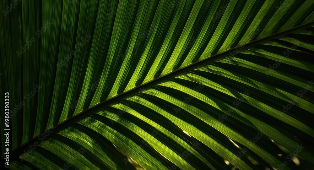 Obraz premium Sunlit palm leaf with natural green veins and texture