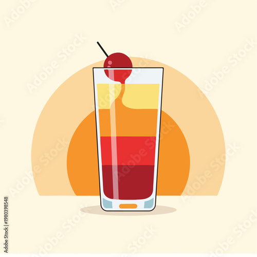 Colorful Layered Cocktail with Cherry Garnish in a Tall Glass.