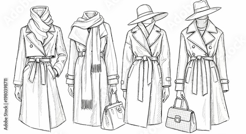 Fashionable trench coats and accessories, hand-drawn line art illustration showcasing elegant outerwear and stylish handbag pairings