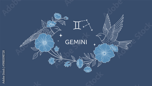 Gemini astrological zodiac sign and constellation featured within a beautiful wreath of birds, flowers, and stars on a deep blue background.