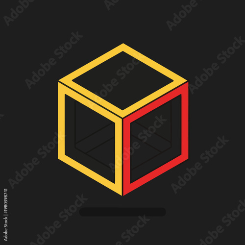 3D Cube Object with Yellow Red Edges.