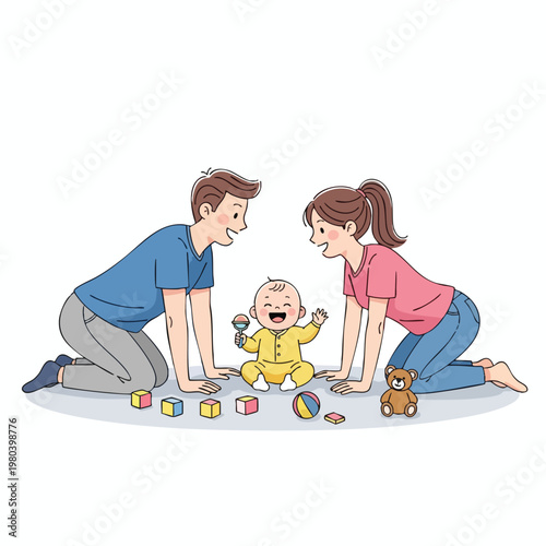 Parents play with happy baby, surrounded by colorful toys and a teddy bear
