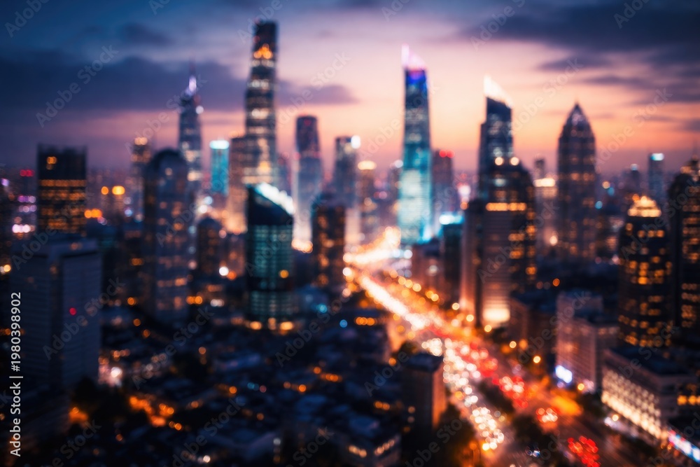 Fototapeta premium Blurred urban backdrop featuring vibrant cityscape and unique architectural designs