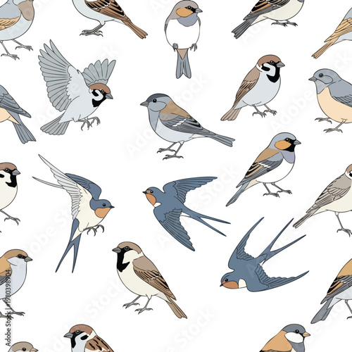 A cheerful seamless pattern of various sparrows and swallows in flight and perched