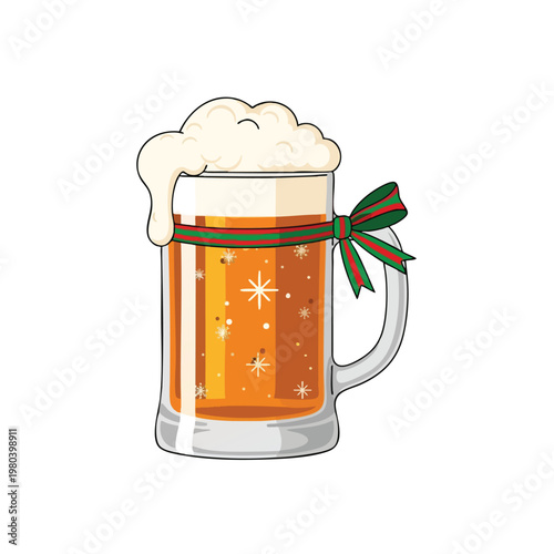 A glass of amber liquid with abundant foam, decorated with a festive ribbon and snowflakes