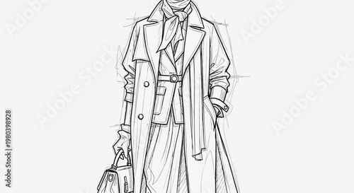Elegant woman in classic trench coat fashion sketch, a monochrome hand-drawn illustration depicting timeless style and sophisticated attire with a vintage aesthetic