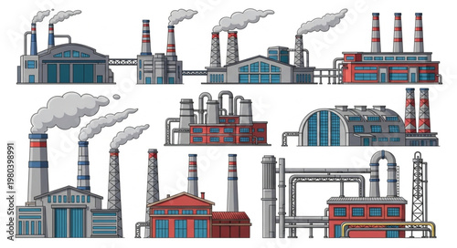 Collection of Industrial Factory Buildings Emitting Smoke.