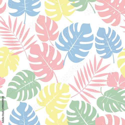 Pastel-colored tropical leaves scattered on a white background, soft and delicate