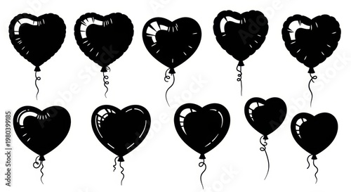Black silhouette of heart shaped balloons with curly strings isolated on white background.