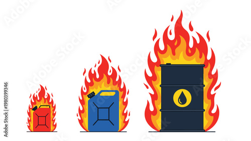 Series of fuel containers including a gas can and oil barrel are shown engulfed in flames representing fire hazards or energy.