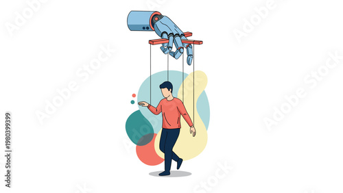 Large robotic hand manipulates a human figure like a marionette puppet representing artificial intelligence and control themes.