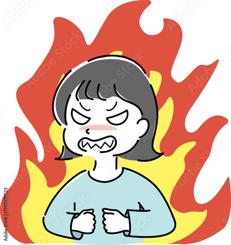怒る女性 炎 背景 シンプル イラスト 激怒 トラブル 注意 NG 人物 ベクター / Angry woman with fire background intense emotion warning trouble character vector