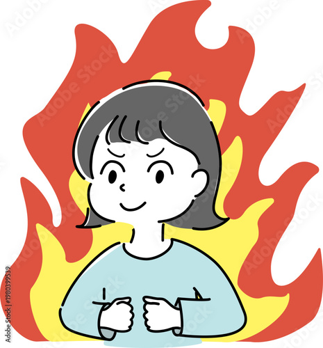 笑顔の女性 炎 背景 シンプル イラスト 情熱 やる気 モチベーション ポジティブ 人物 ベクター / Smiling woman with fire background motivation passion positive character vector