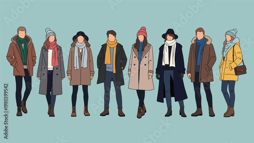 Diverse group of people standing in a row wearing a variety of stylish winter coats, scarves, and hats for cold weather fashion concepts.