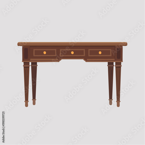 brown wooden console table with three drawers and turned legs