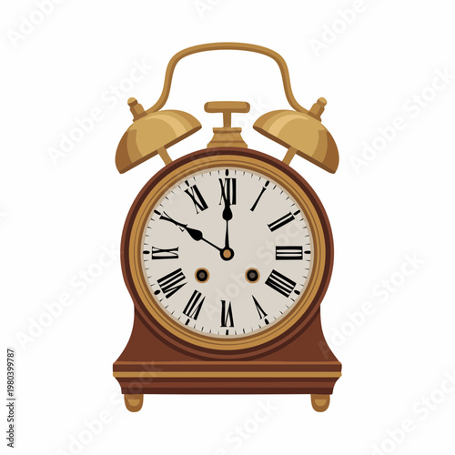 Vintage style illustration of brown alarm clock with gold accents