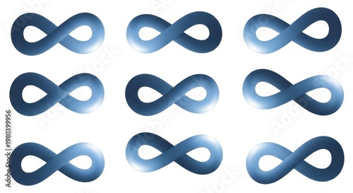 A collection of nine infinity symbols in blue with a subtle gradient effect on white background.