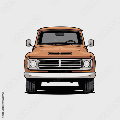 Vintage orange truck front view illustration with chrome grill