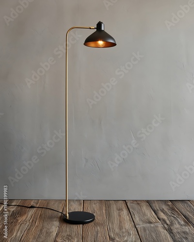Modern Industrial Brass Floor Lamp with Black Dome Shade and Warm Edison Bulb, Rustic Wood Floor, Textured Gray Wall