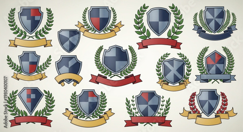 Collection of heraldic shields and crests with laurel wreaths.