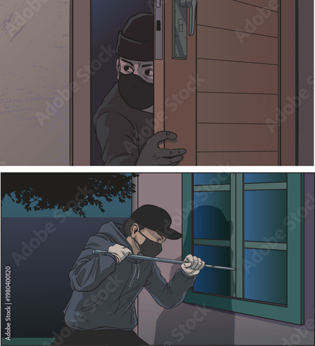 Night Burglar Breaking Into House Illustration