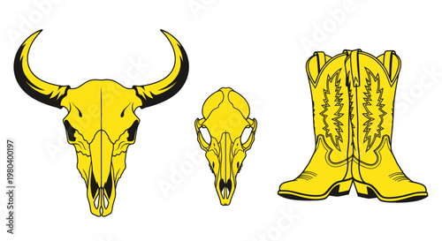 Yellow Cowboy Boot, Bull Skull, and Animal Skull on White Background