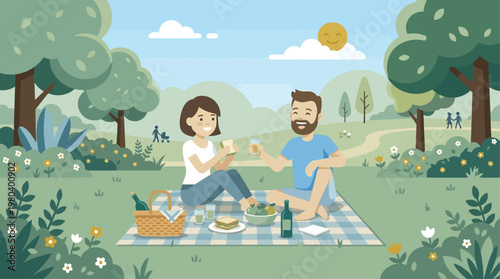 A charming flat design illustration of a traveling couple having a delightful picnic in a beautiful park, enjoying each other's company and nature. This image represents leisure and romantic moments