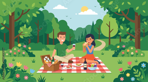 A charming flat design illustration of a traveling couple having a delightful picnic in a beautiful park, enjoying each other's company and nature. This image represents leisure and romantic moments