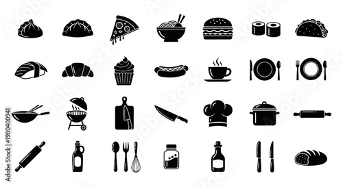 Black and white food and drink icons.
