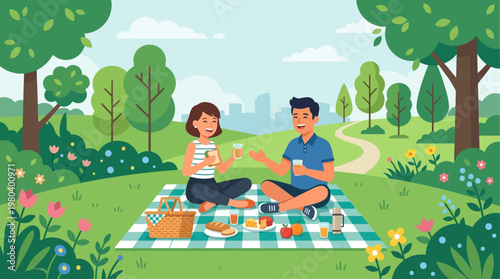 A charming flat design illustration of a traveling couple having a delightful picnic in a beautiful park, enjoying each other's company and nature. This image represents leisure and romantic moments