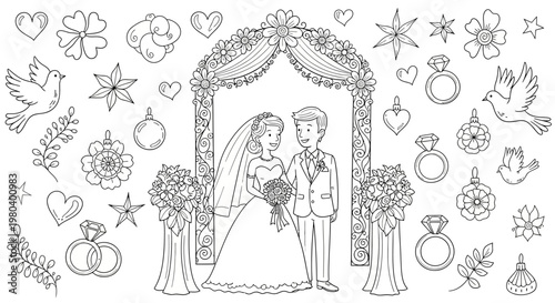 Detailed doodle line art collection of wedding celebration elements, featuring a happy bride and groom under a floral arch, along with rings, doves, and various romantic marriage symbols