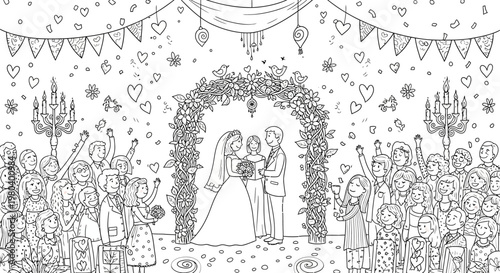 A detailed, charming, hand-drawn illustration of a joyous wedding ceremony filled with guests celebrating the happy couple under a floral archway