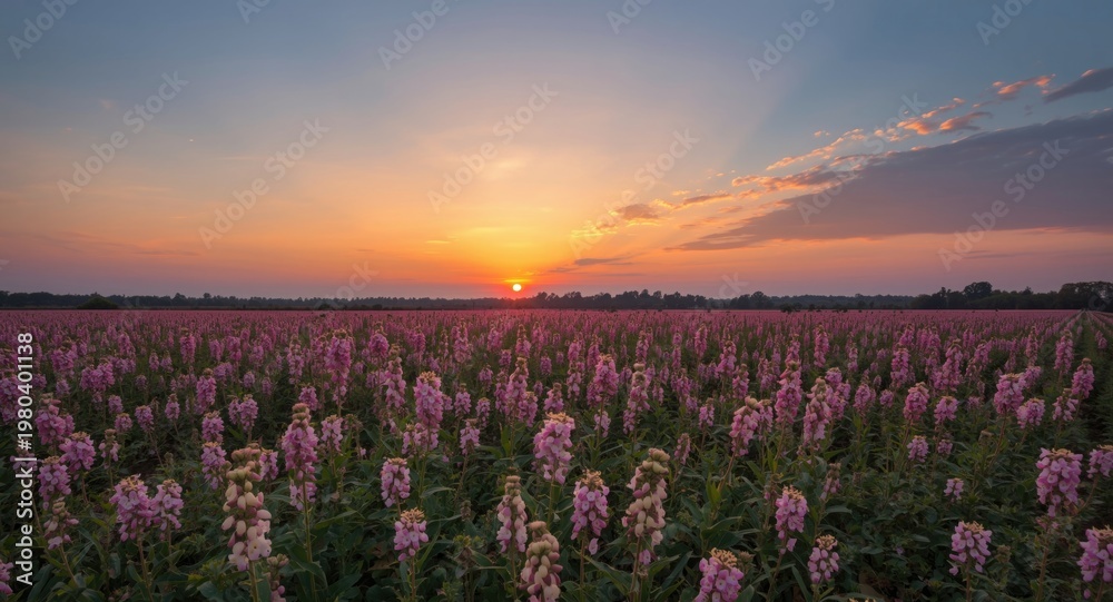 Obraz premium Sunset scene featuring expansive chia fields abundant with blossoms
