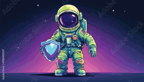 Astronaut in Space Suit Holding Shield, Cartoon Style Illustration.