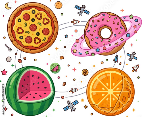 Cosmic Cuisine A Whimsical Illustration of Delicious Food Items Floating in Outer Space with Planets and Spaceships