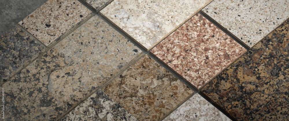 Obraz premium Overhead perspective of interior finish samples including stone tiles and terrazzo on simple background