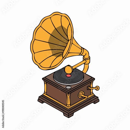 Vintage cartoon gramophone illustration with horn and turntable