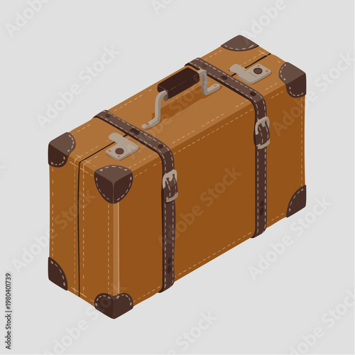 Brown vintage travel suitcase with leather straps and metal hardware