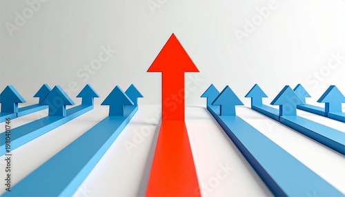 Concept of Growth and Differentiation: A Vibrant Red Arrow Pointing Upward Among Blue Arrows, Symbolizing Leadership and Success